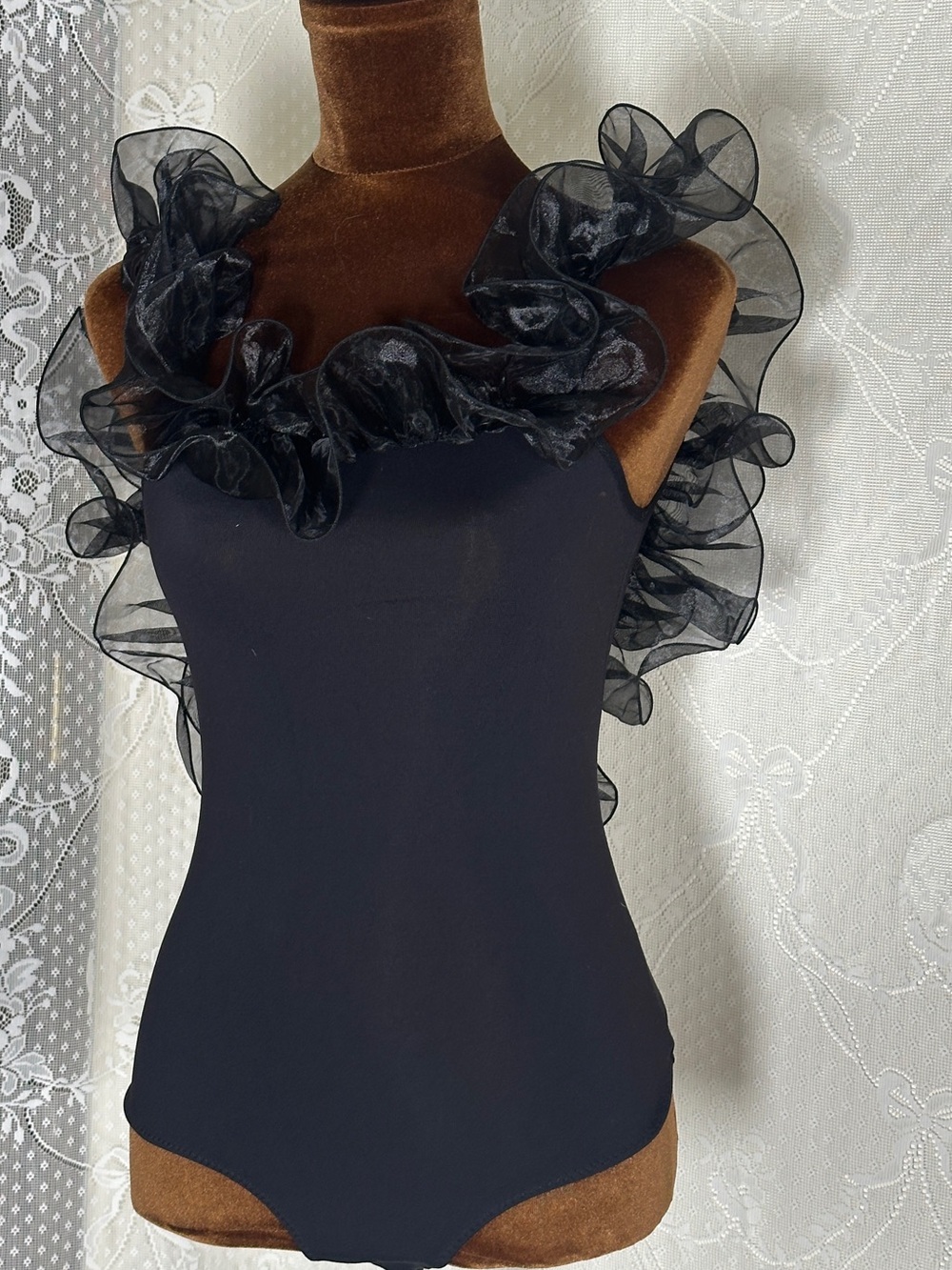 Free People Black Ruffled Organza Strap Bodysuit